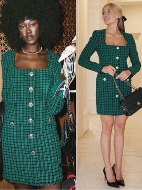 Rebecca Vallance Becca Tweed Long Sleeve Cotton Blend Mini Dress Green Black